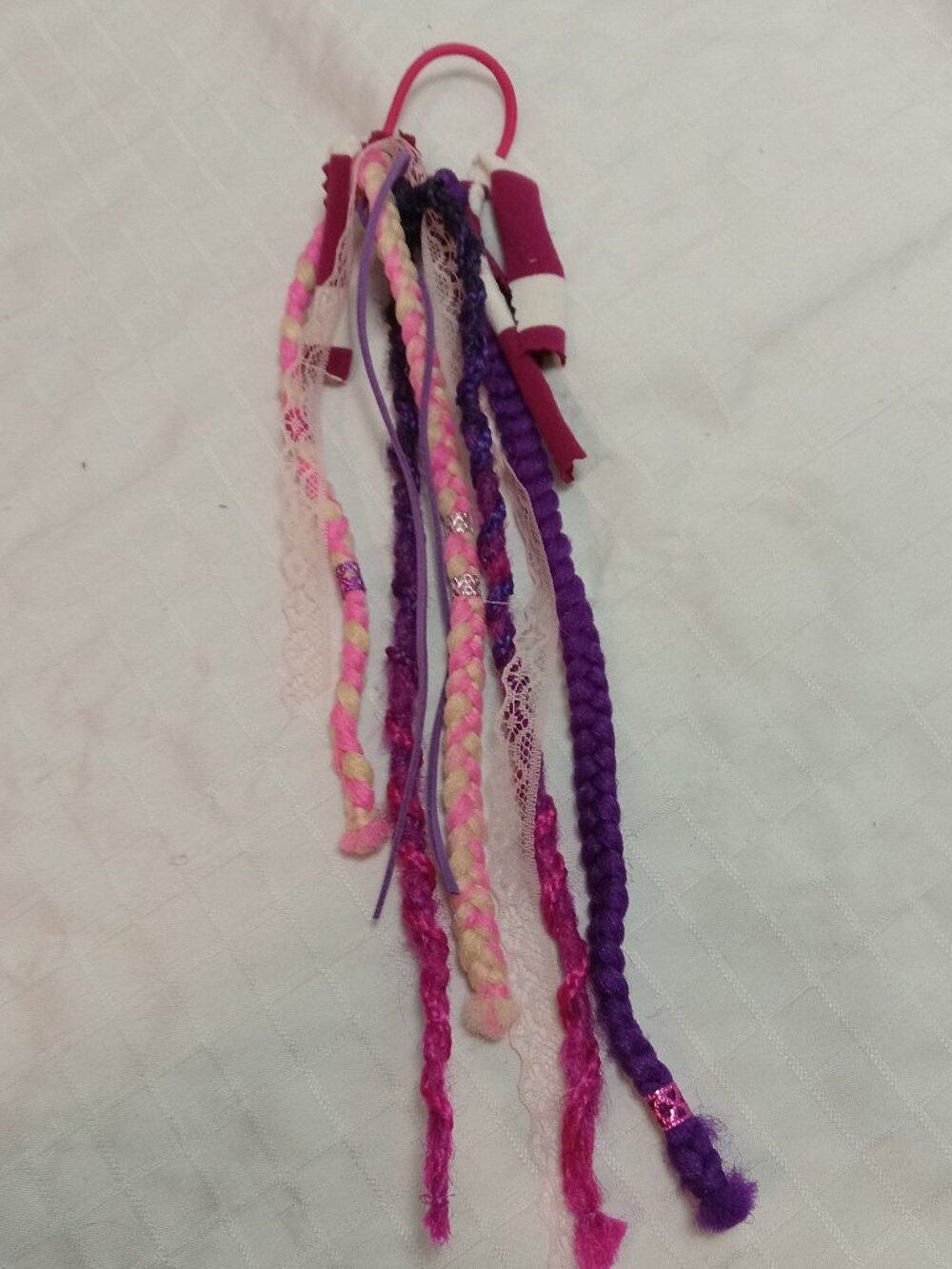 Handmade bohemian hair accessory with dreads, braids, lace ribbons & decorations